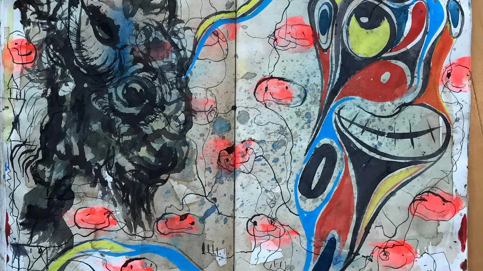 An original reusable sketchbook spread with layered black drawings, pink faces, coloured lines and stains.