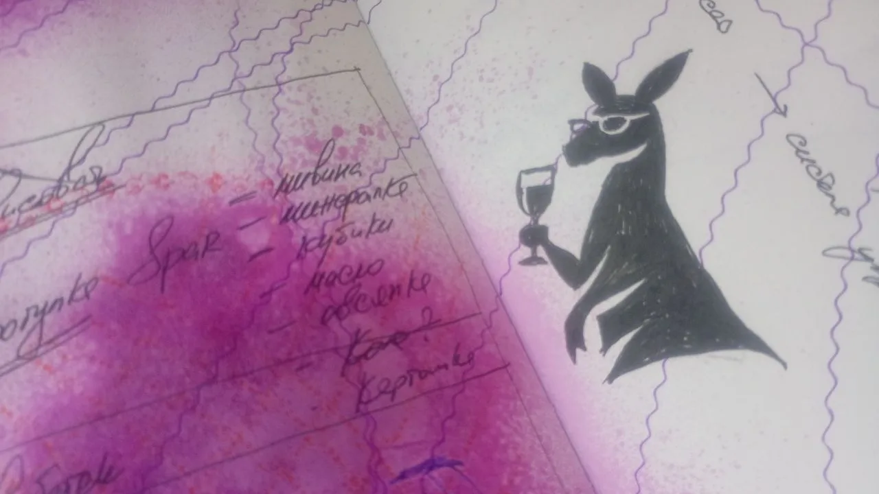 An original sketchbook spread with purple stains, handwriting and a black animal drawing wearing glasses.