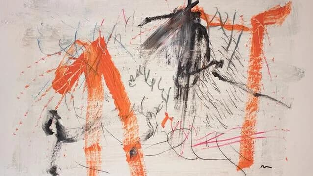 An original sketchbook page with loose orange, black and pink marks on textured paper.