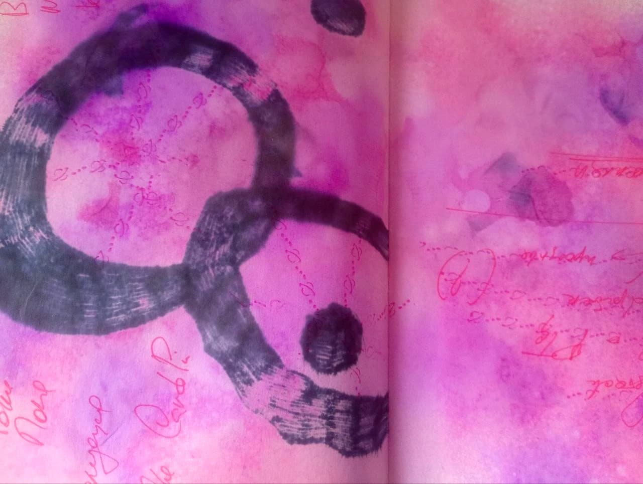 Pink spread with overlapping black circles, close view.