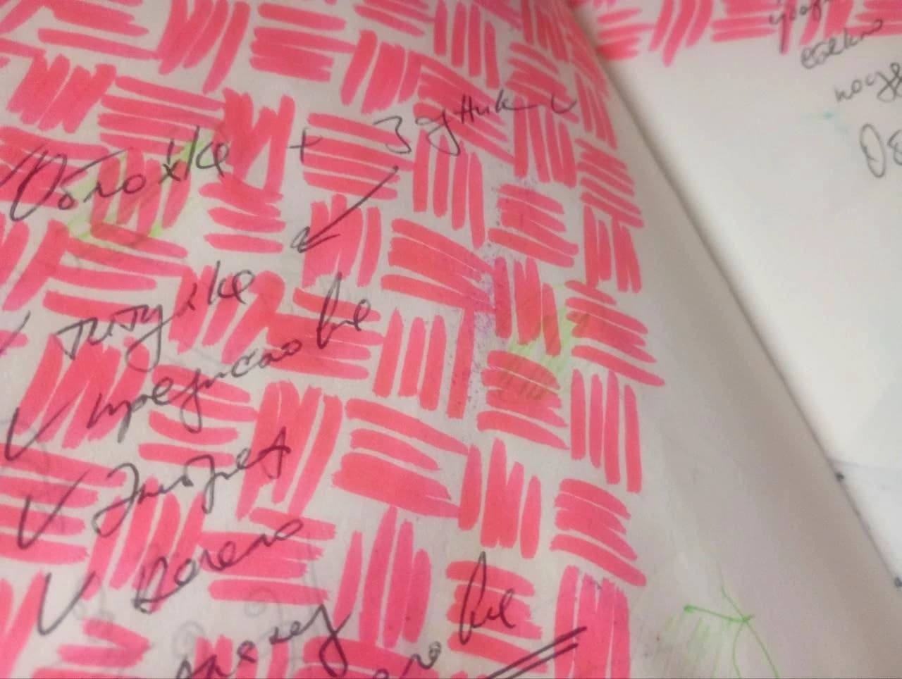 Pink crosshatching with handwritten notes.