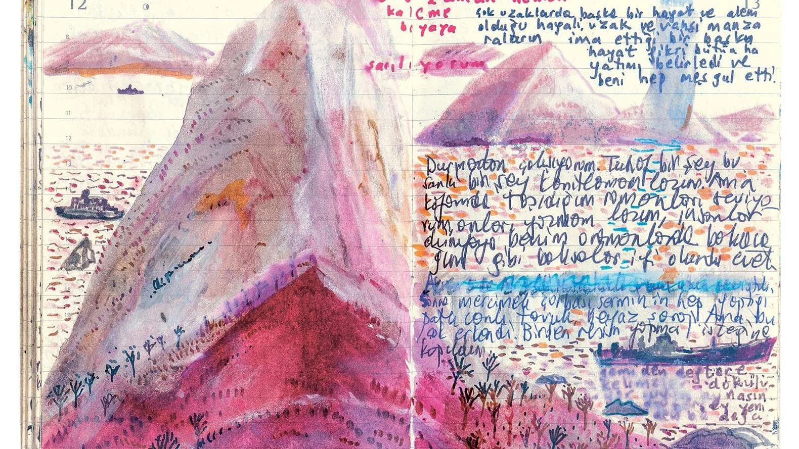 An original diary sketchbook spread with pink and purple mountain forms, small landscape details and Turkish handwriting.