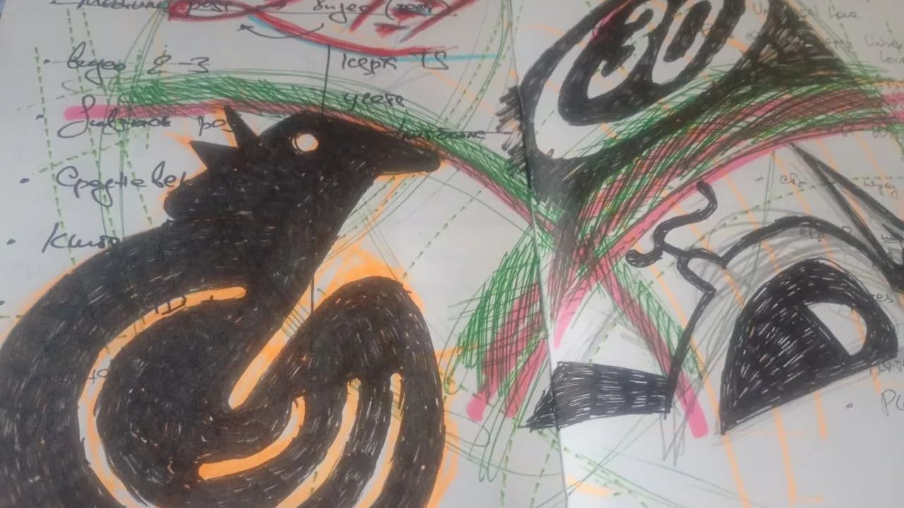 An original sketchbook spread with a large black creature, green and pink lines, a number thirty and handwritten notes.