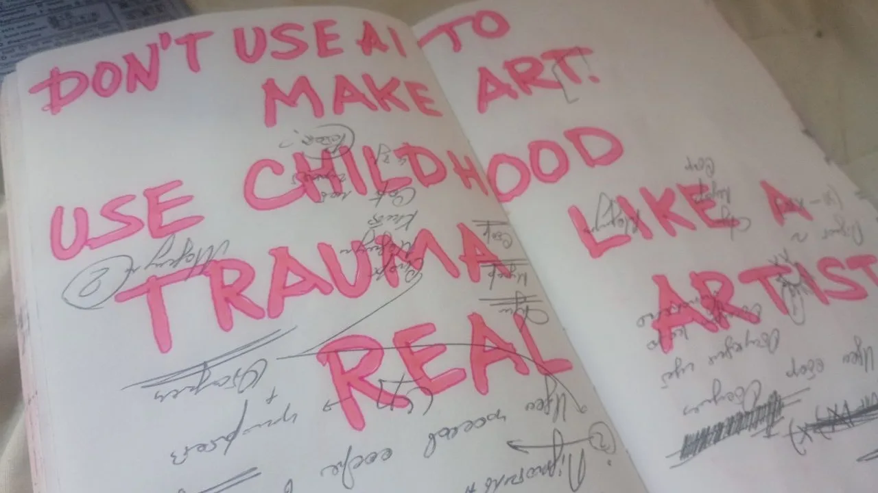 An original sketchbook spread with large pink handwritten lettering about making art and childhood trauma over older notes.