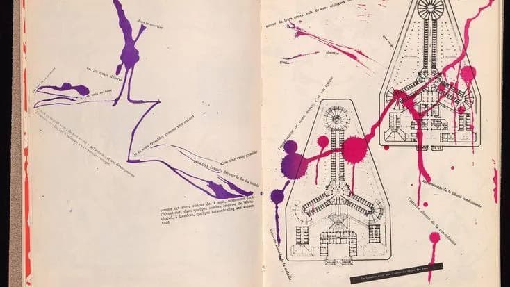 An original open sketchbook with purple and magenta ink marks, printed French text and geometric diagrams on aged paper.