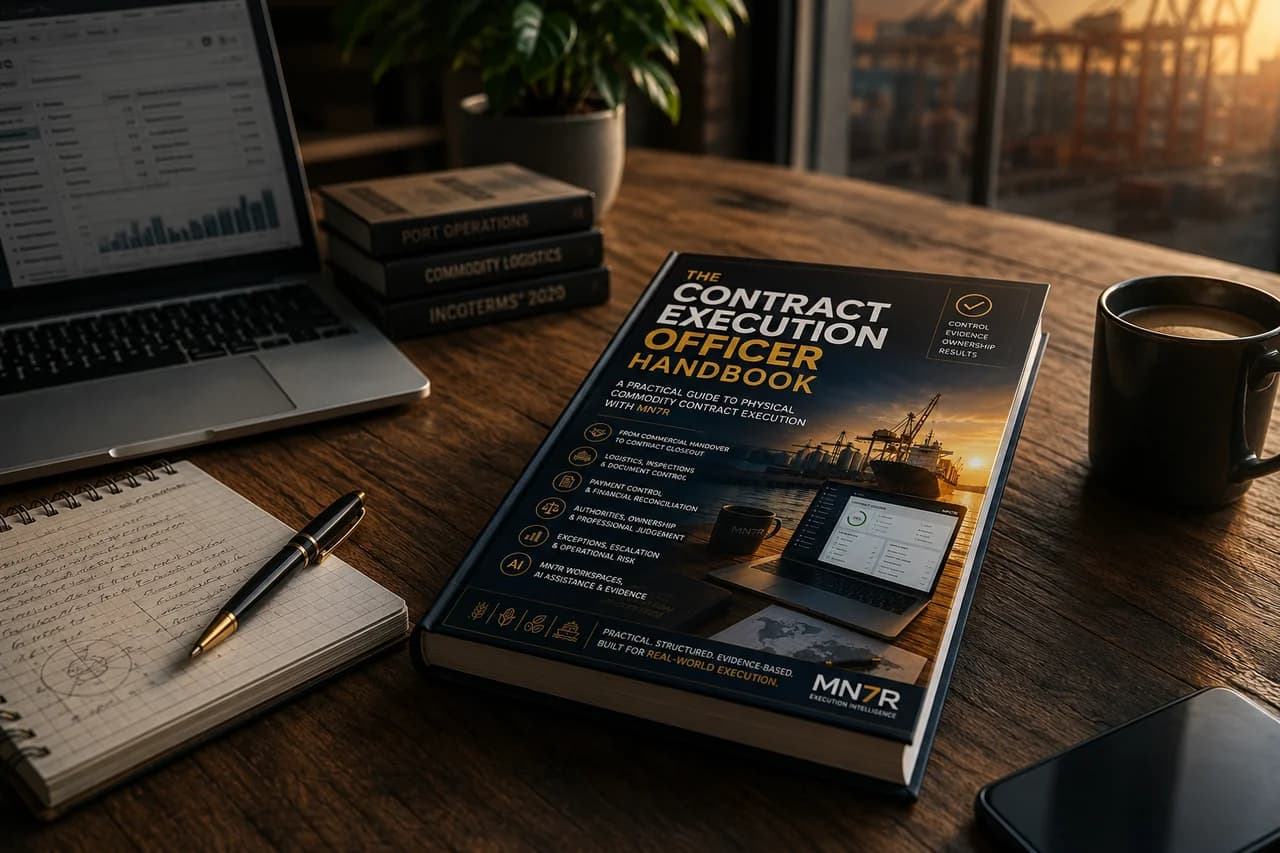 The Contract Execution Officer Handbook on a desk with commodity logistics references