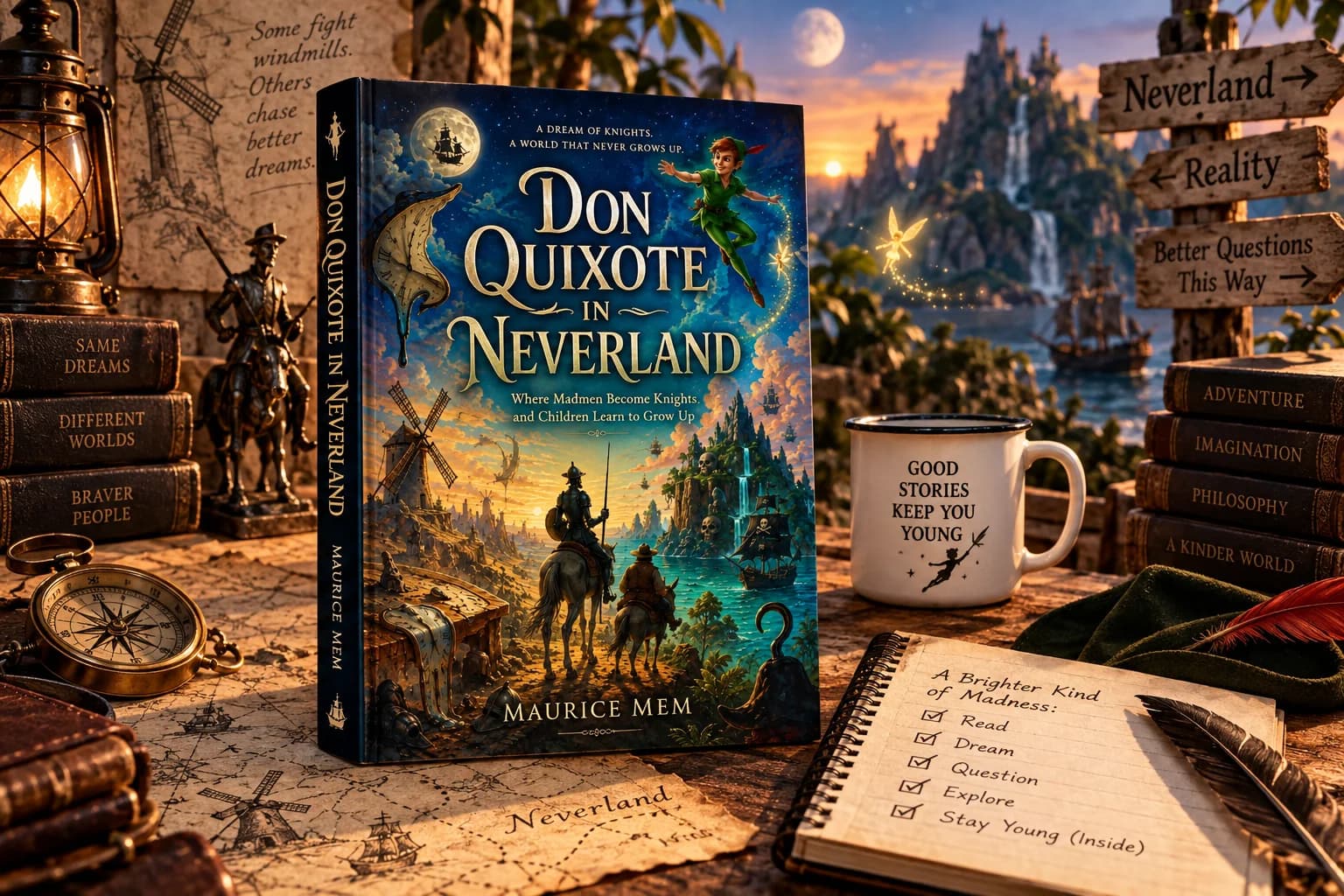 Don Quixote in Neverland book in a moonlit fantasy adventure landscape