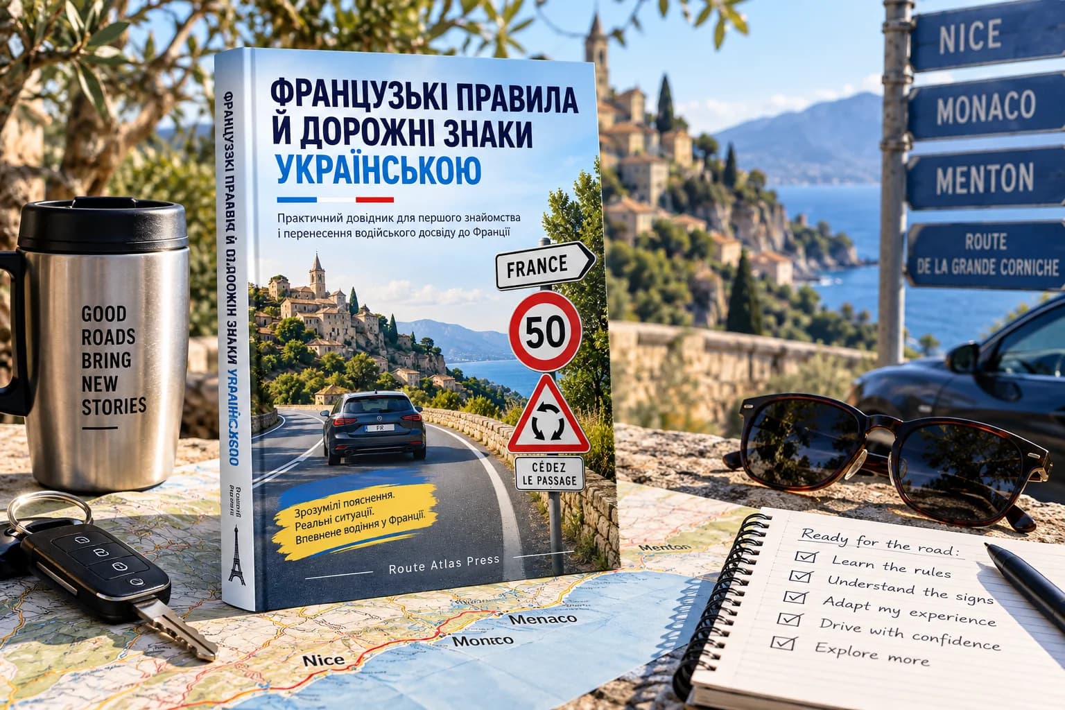 Український довідник із французьких правил і дорожніх знаків на тлі дороги Французької Рив’єри