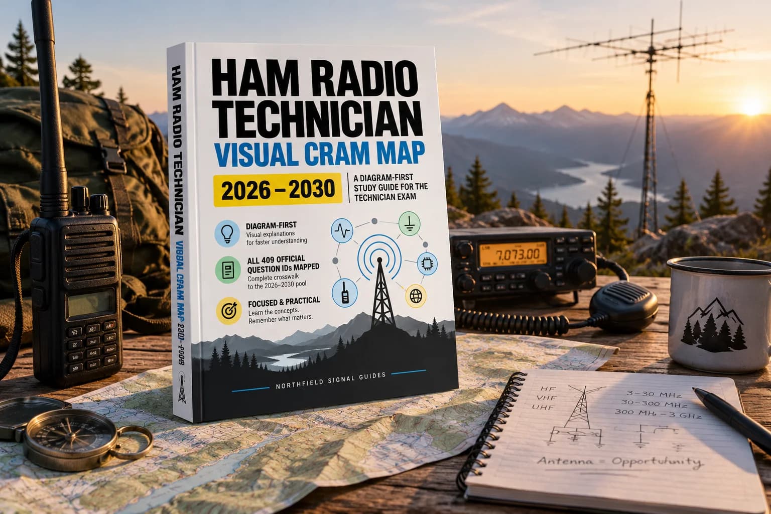 Ham Radio Technician Visual Cram Map book beside amateur-radio equipment in a mountain field station