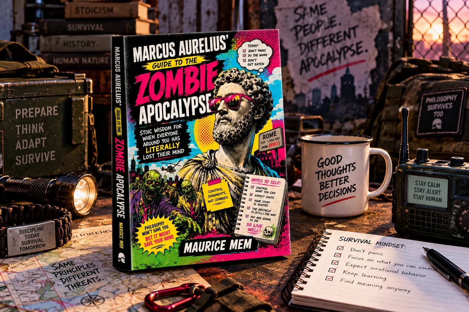 Marcus Aurelius’ Guide to the Zombie Apocalypse in a colorful comic survival scene