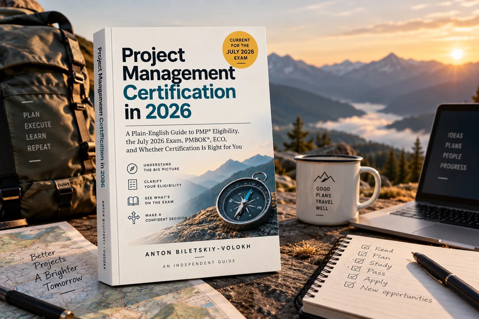 Project Management Certification in 2026 book in a mountain planning scene