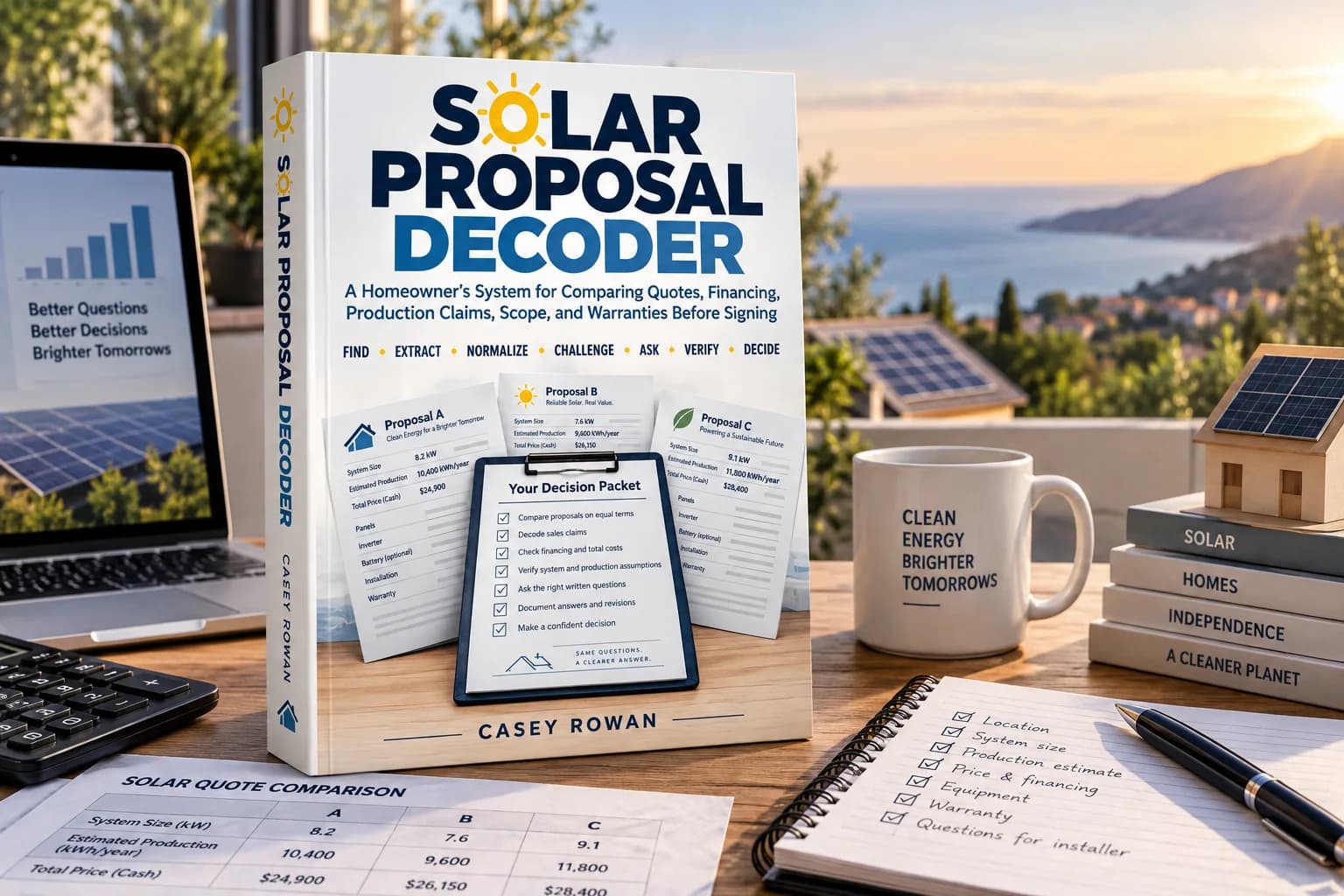 Solar Proposal Decoder book beside quote comparison worksheets and rooftop solar panels