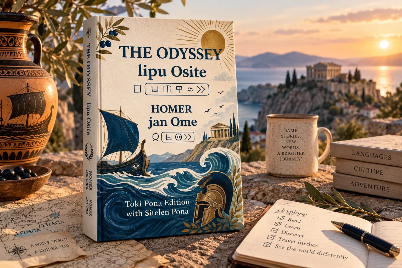 The Odyssey Toki Pona edition overlooking a classical Mediterranean seascape