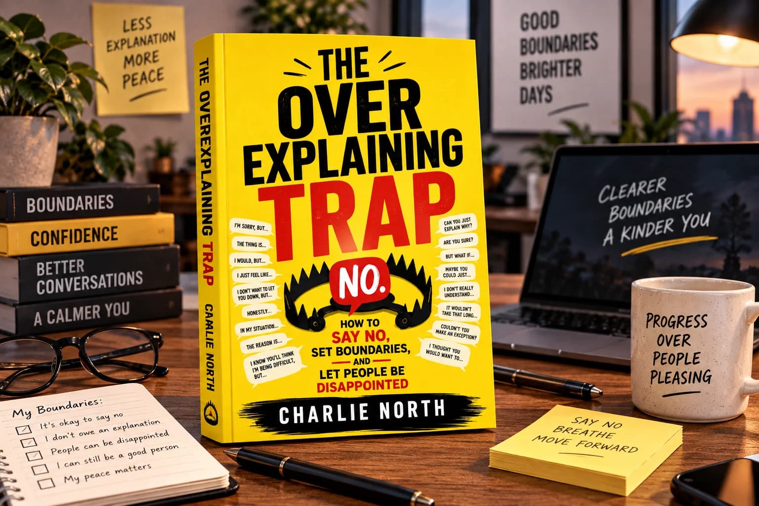 The Overexplaining Trap book in a calm workspace about boundaries and communication