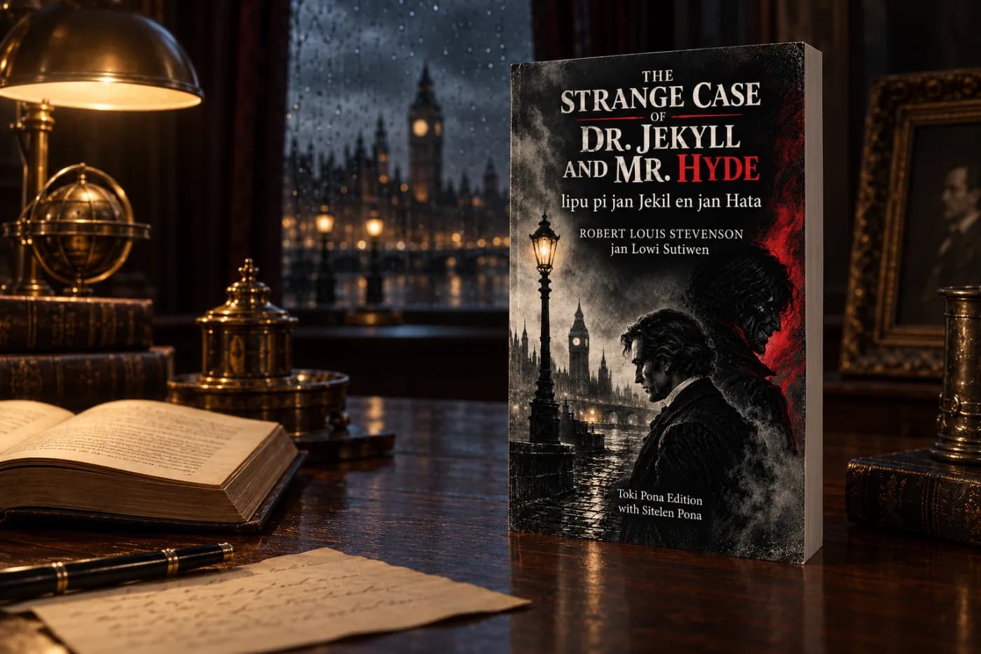 The Strange Case of Dr. Jekyll and Mr. Hyde in Toki Pona print edition shown in a Victorian London study