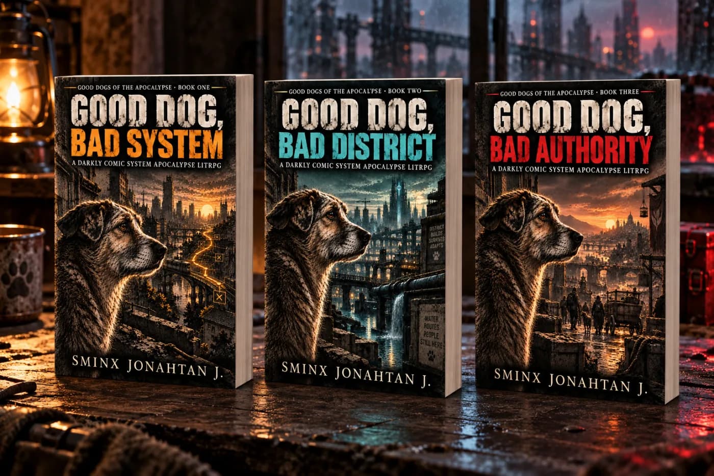 Good Dogs of the Apocalypse three-book series shown together against a changed city
