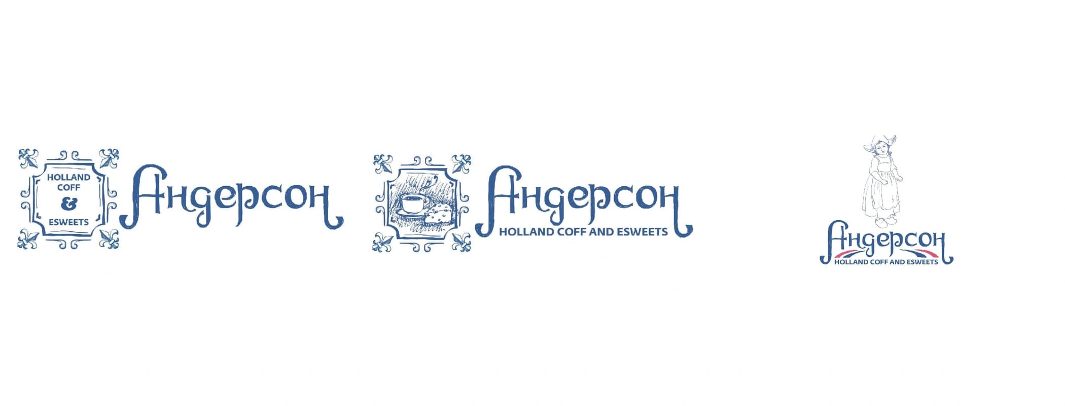 Three original Anderson identity directions from the 2019 presentation, including an ornamental wordmark, coffee and cheese illustration, and Dutch-inspired character.