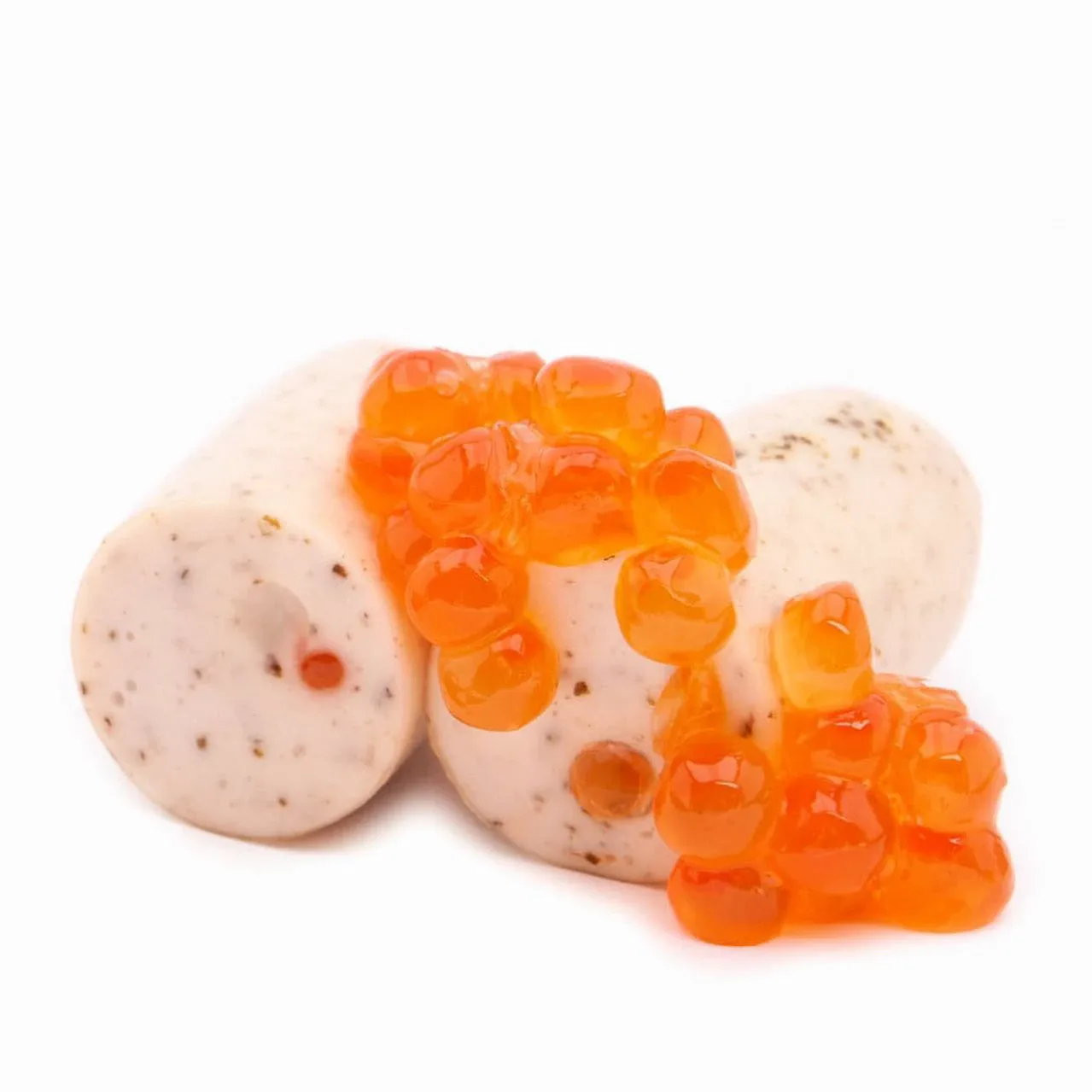 Pale Savin Product sausages cut open to show salmon roe, with orange roe in the foreground.