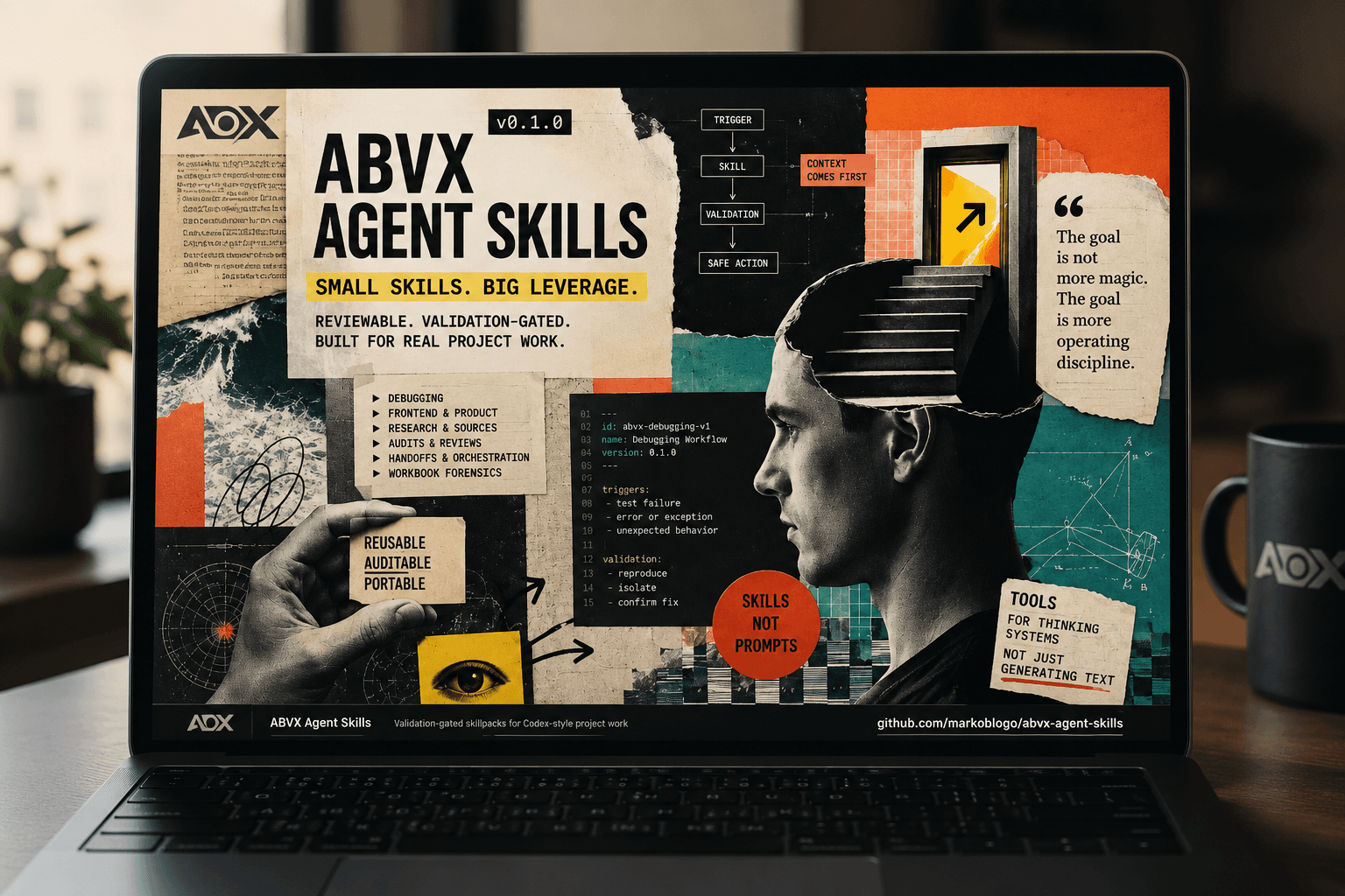 Editorial collage for ABVX Agent Skills, showing AI agent workflows, validation gates, structured project execution and reusable skill cards as a symbolic operating layer for AI-native development.