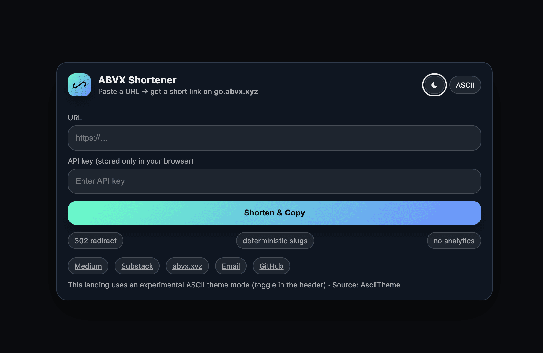 ABVX Shortener interface