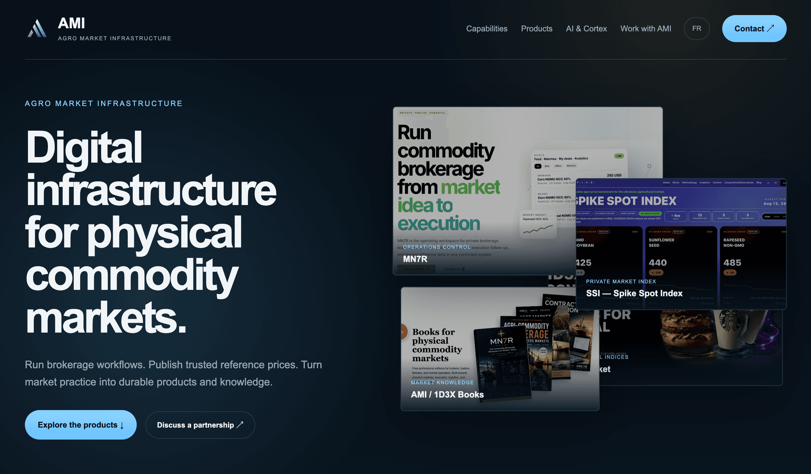 AMI landing page presenting digital infrastructure for physical commodity markets and its brokerage, price-index and publishing products.