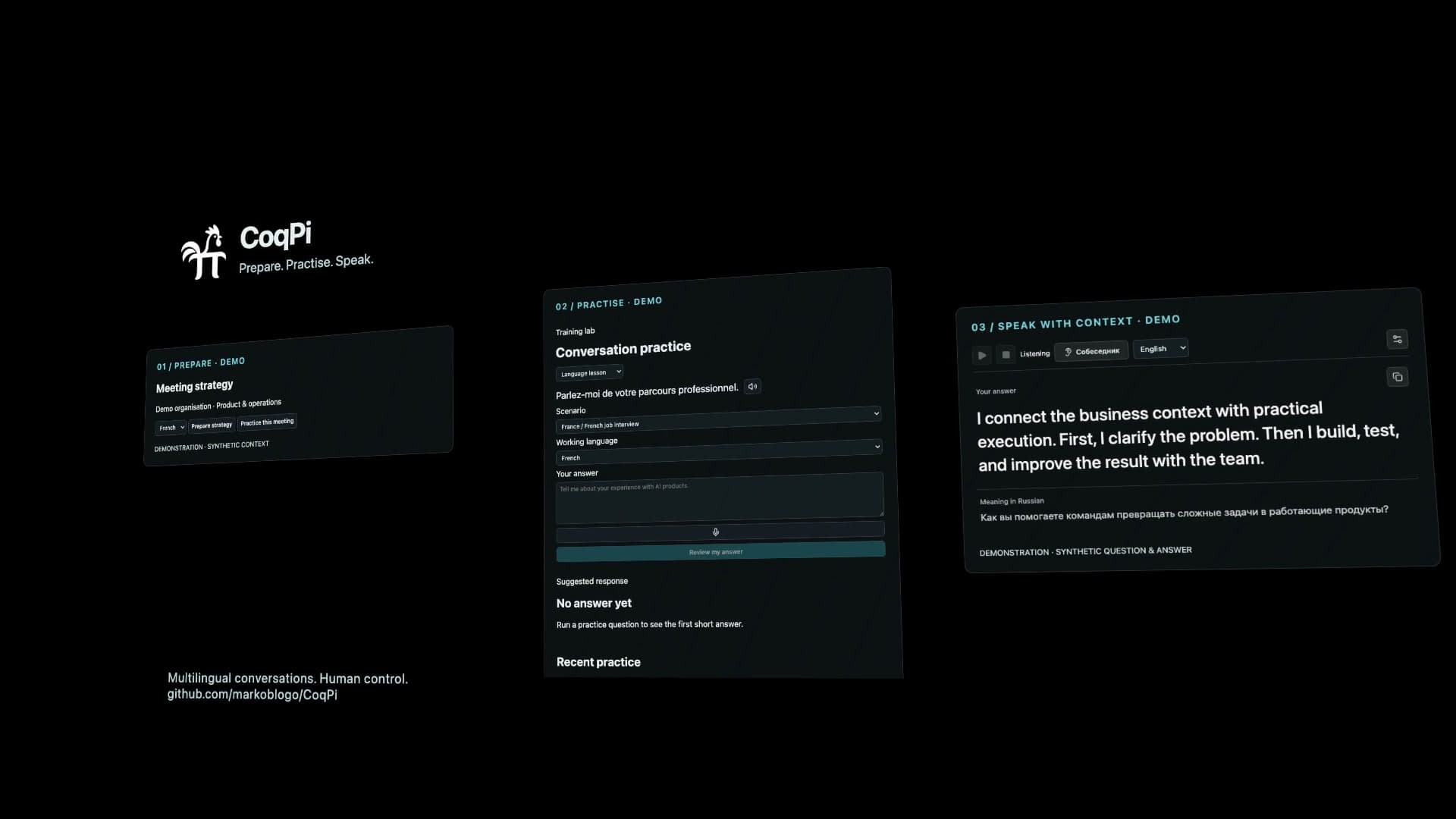CoqPi showing meeting preparation, French interview practice and a contextual English response