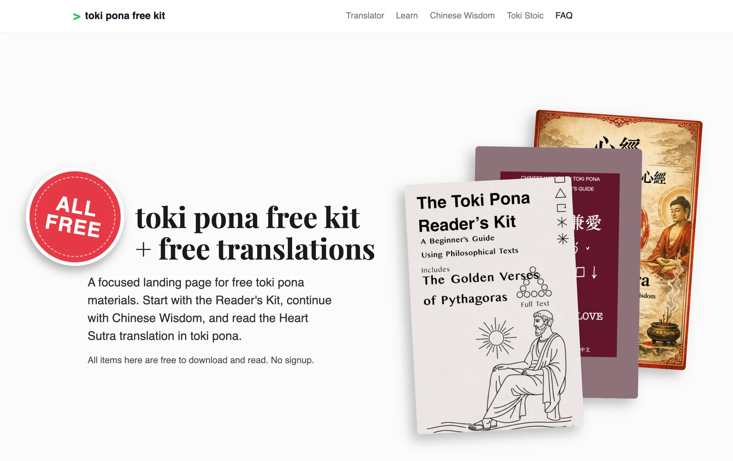 Toki Pona free kits landing page