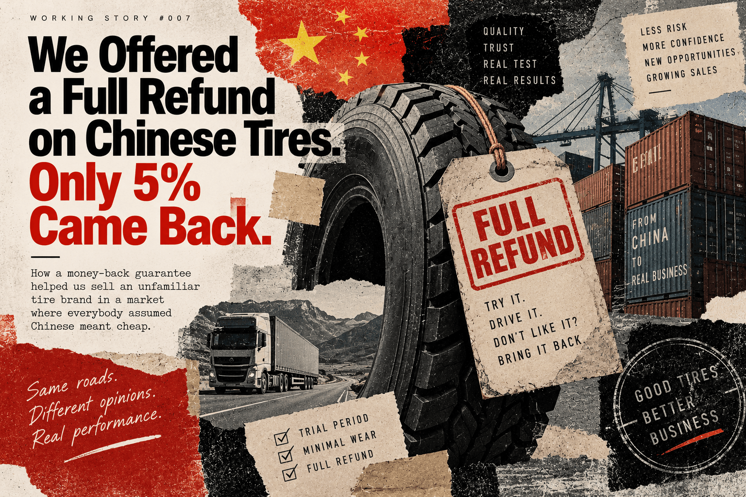 Editorial collage of a Chinese commercial truck tire with a full-refund guarantee tag, shipping containers and a truck.