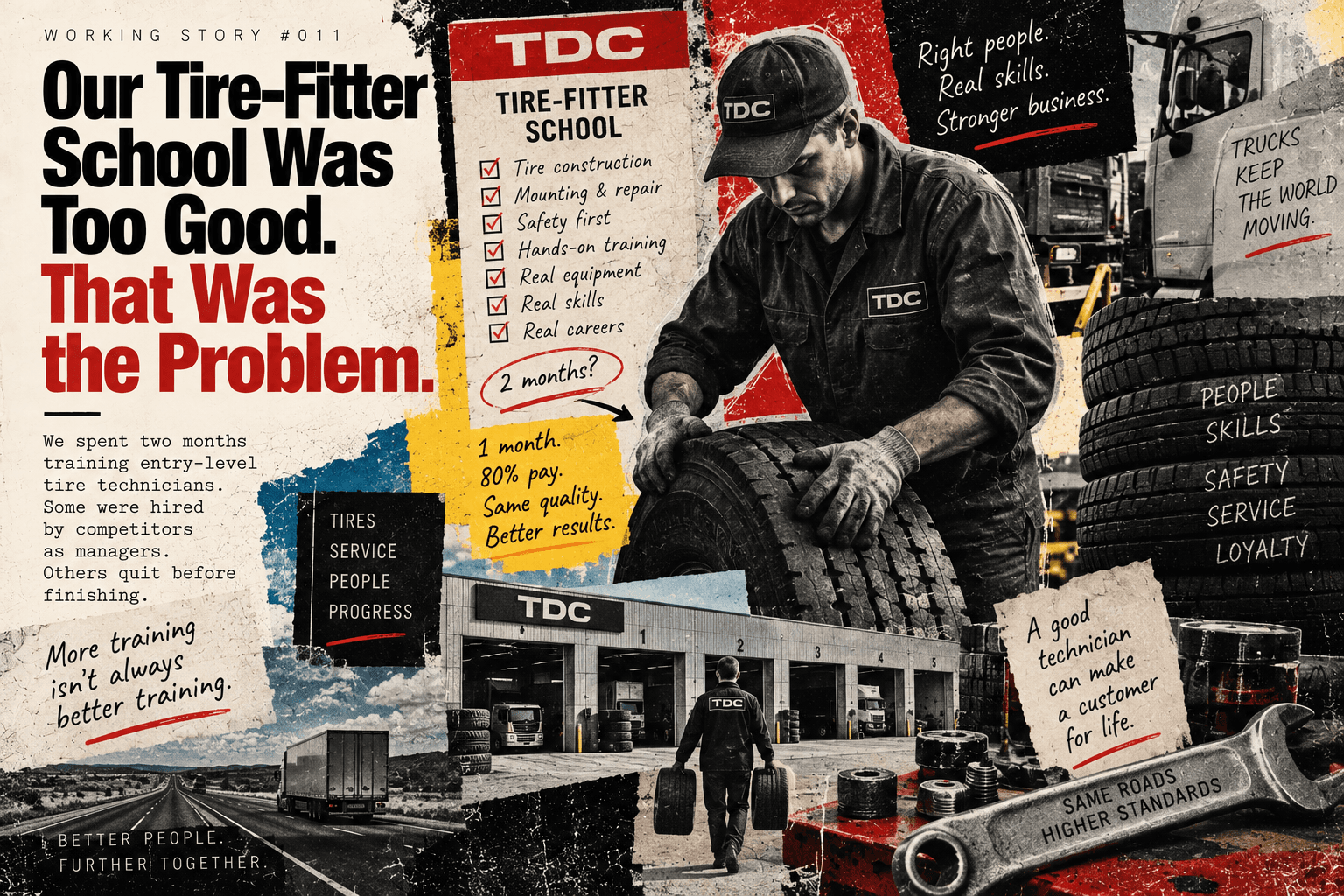 Editorial collage of a commercial tire technician and training school, contrasting two months of broad education with a shorter practical course and improved trainee pay.