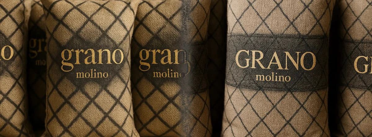 Grano Molino flour-sack concept with a geometric pattern and gold typography