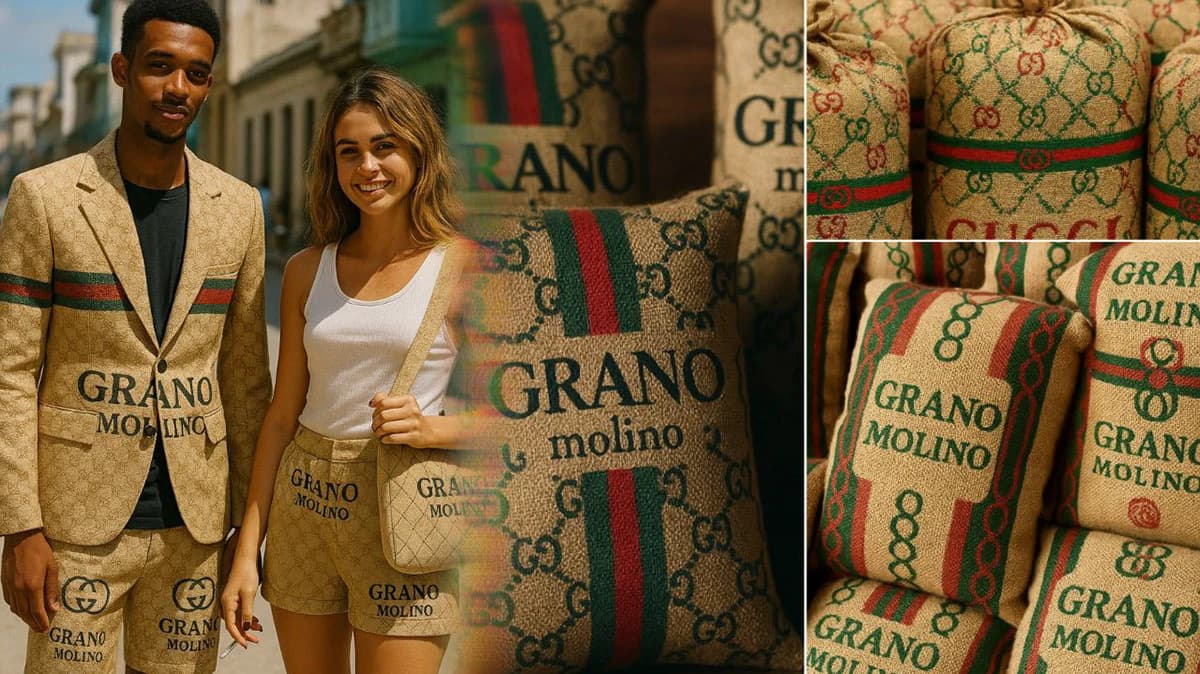 Grano Molino concept showing green and red patterned sacks, a jacket, a bag and a skirt
