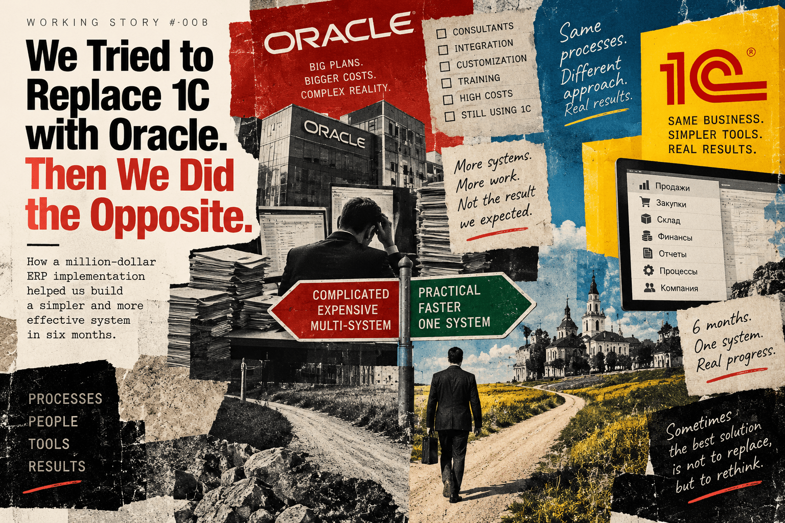 Editorial collage contrasting a large Oracle ERP implementation with a simpler 1C business system, process documentation and a six-month implementation.