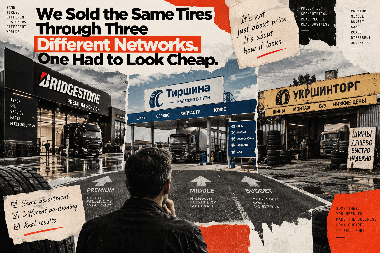 Editorial collage of premium, middle-market and budget tire service networks along one road.