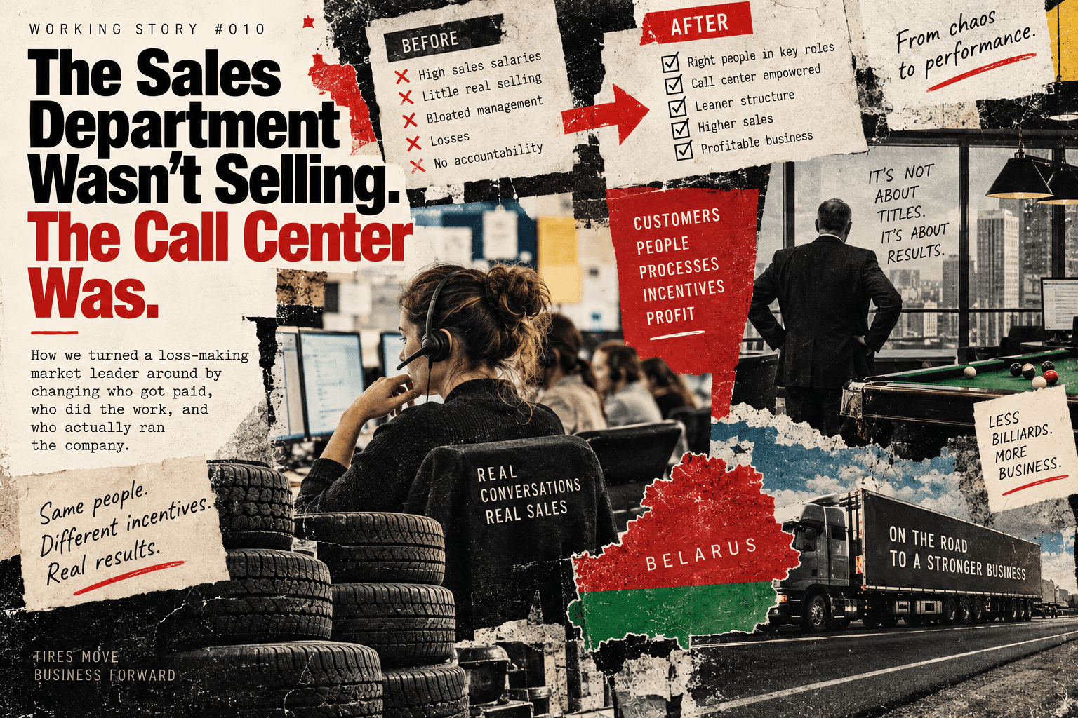 Editorial collage of a tire business turnaround, contrasting costly sales and management roles with an empowered customer-service team and a leaner operating structure.