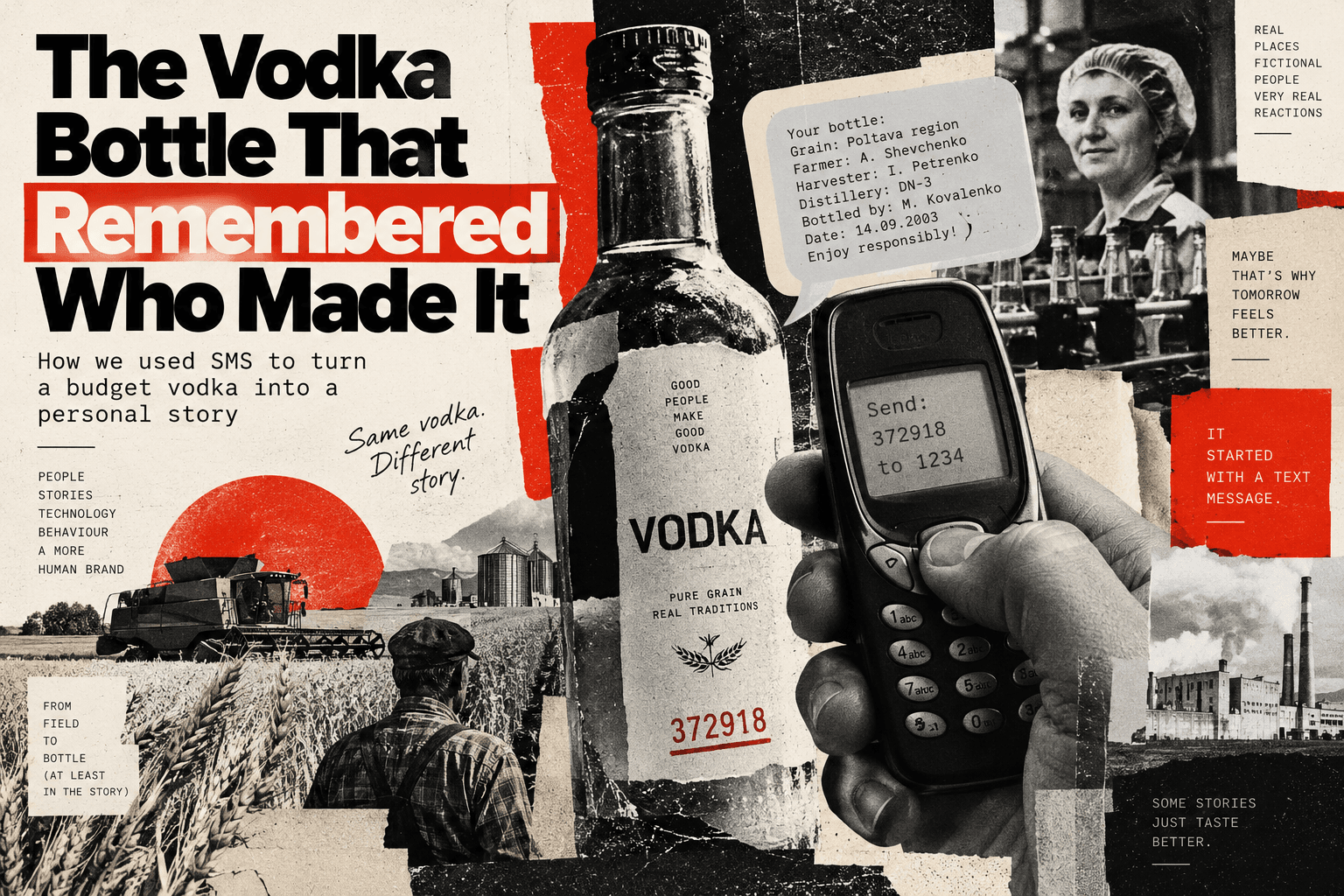 Illustrative collage of a vodka bottle, an SMS phone, production workers and fictional bottle biographies