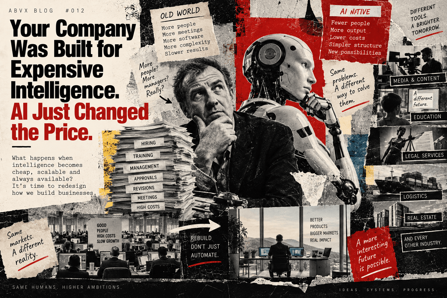 Editorial collage contrasting traditional company hierarchies and paperwork with AI-native work across media, education, legal services and logistics.