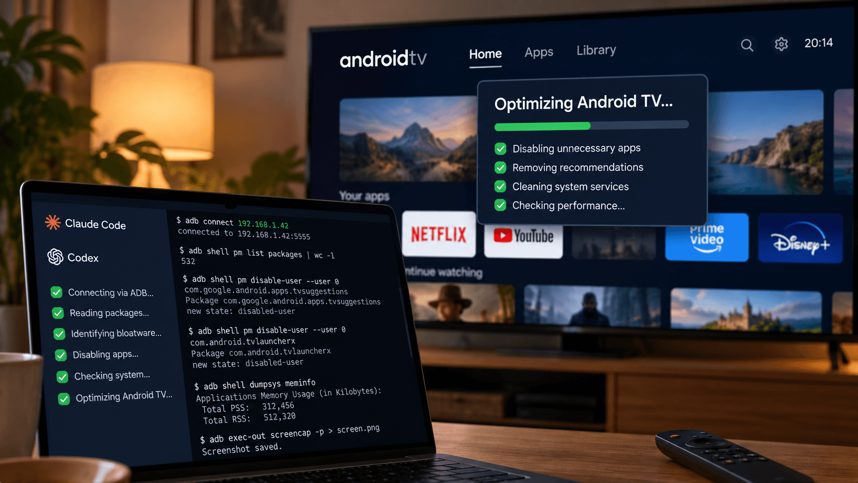 Concept illustration of an Android TV and a laptop displaying AI coding tools and ADB commands; not a record of the author’s own test.