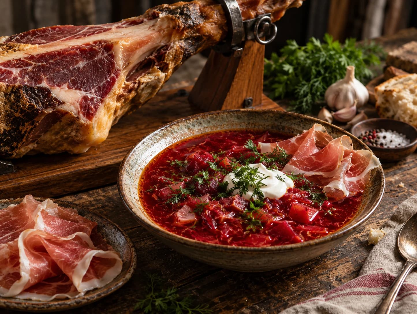 Red borscht with sour cream, dill and thin slices of cured ham, beside a whole cured ham leg on a stand.