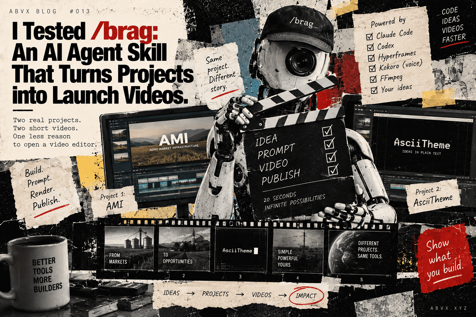 Collage introducing the /brag AI agent skill, with a robot director and launch-video examples for AMI and AsciiTheme.