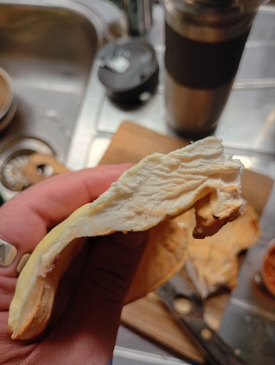 A cross-section of the fungus showing its thickness and pale internal texture.