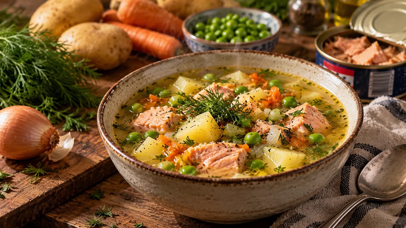 Salmon soup with potatoes, green peas and fresh dill in a ceramic bowl, beside canned salmon, vegetables and herbs on a wooden table.