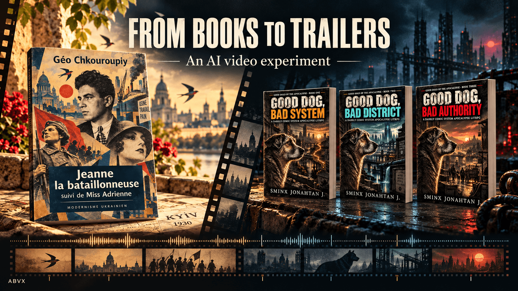 From Books to Trailers: an AI video experiment with Jeanne la bataillonneuse and the three Good Dogs of the Apocalypse books.