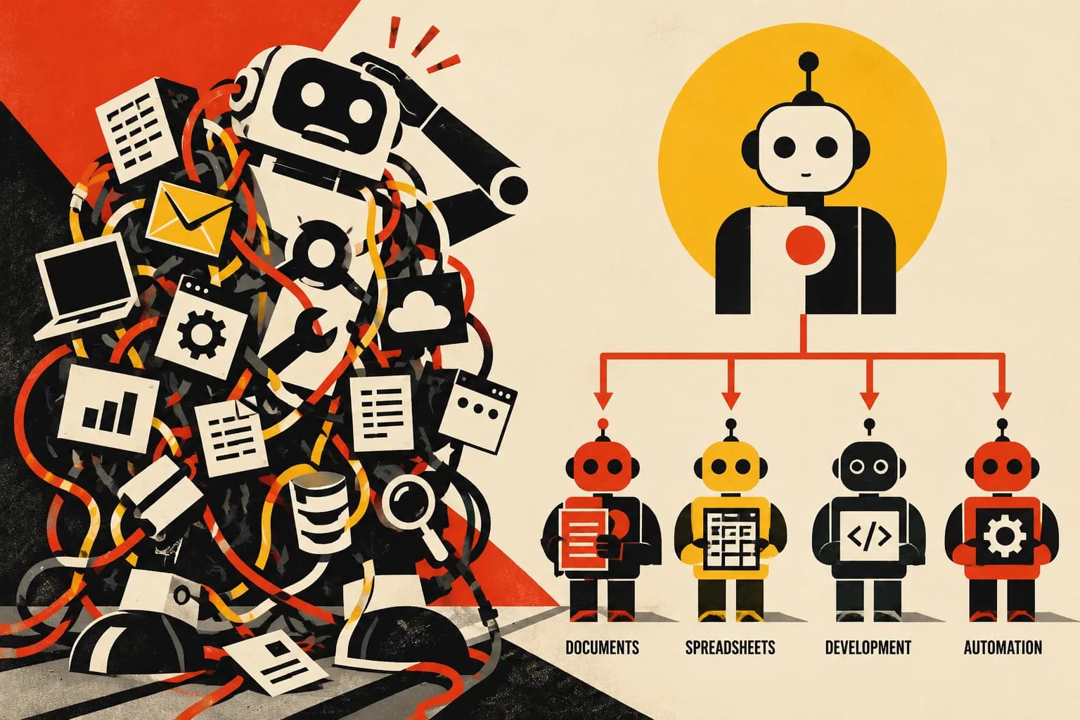An overloaded robot tangled in tools and cables contrasts with an orchestrator directing specialised document, spreadsheet, development and automation agents.