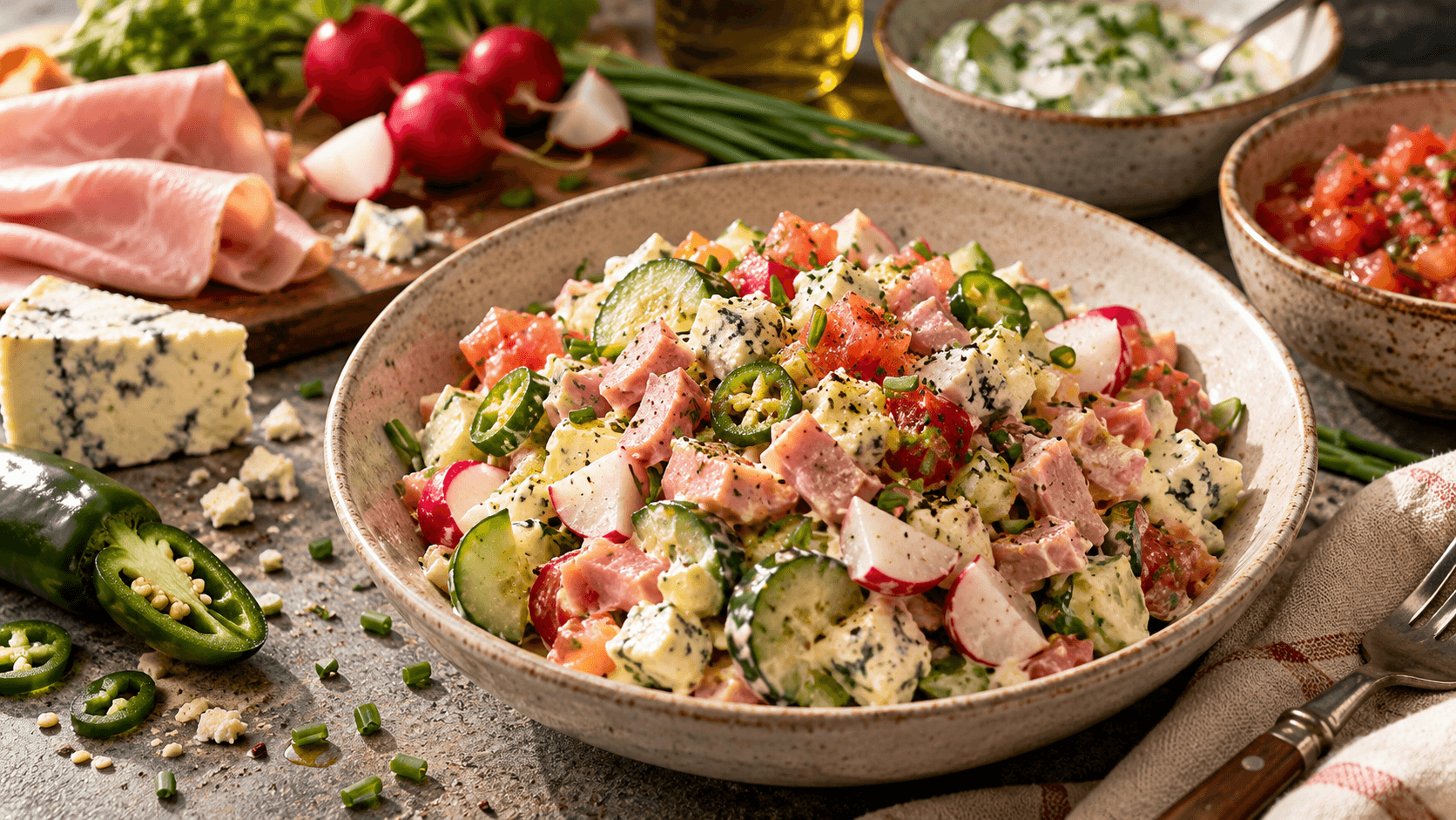 Creamy ham and blue cheese salad with radishes, jalapeño, cucumber and tomato in a rustic bowl.