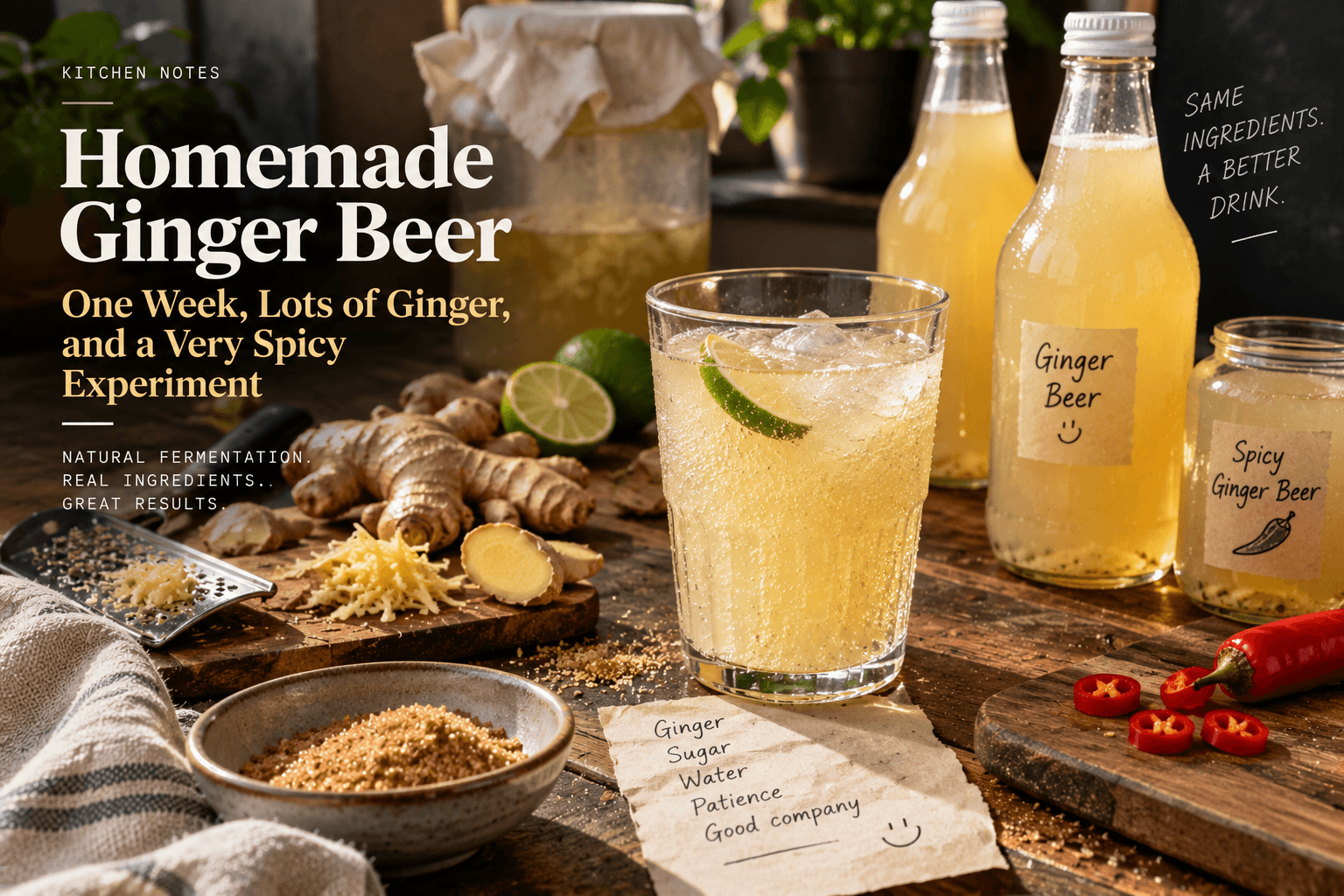 Homemade ginger beer with lime, fresh ginger, sugar, a ginger bug starter and a spicy chilli variation on a kitchen table.
