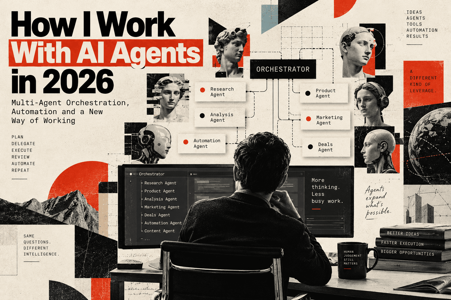 Collage showing a person coordinating research, product, analysis and automation agents through an orchestrator.