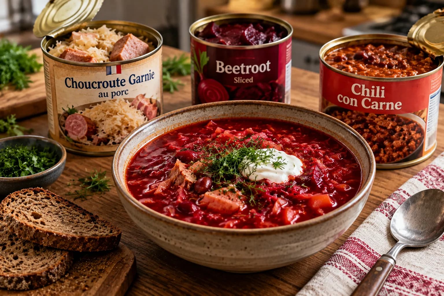 A bowl of red borscht with sour cream and dill beside open tins of choucroute garnie with pork, sliced beetroot and chili con carne.