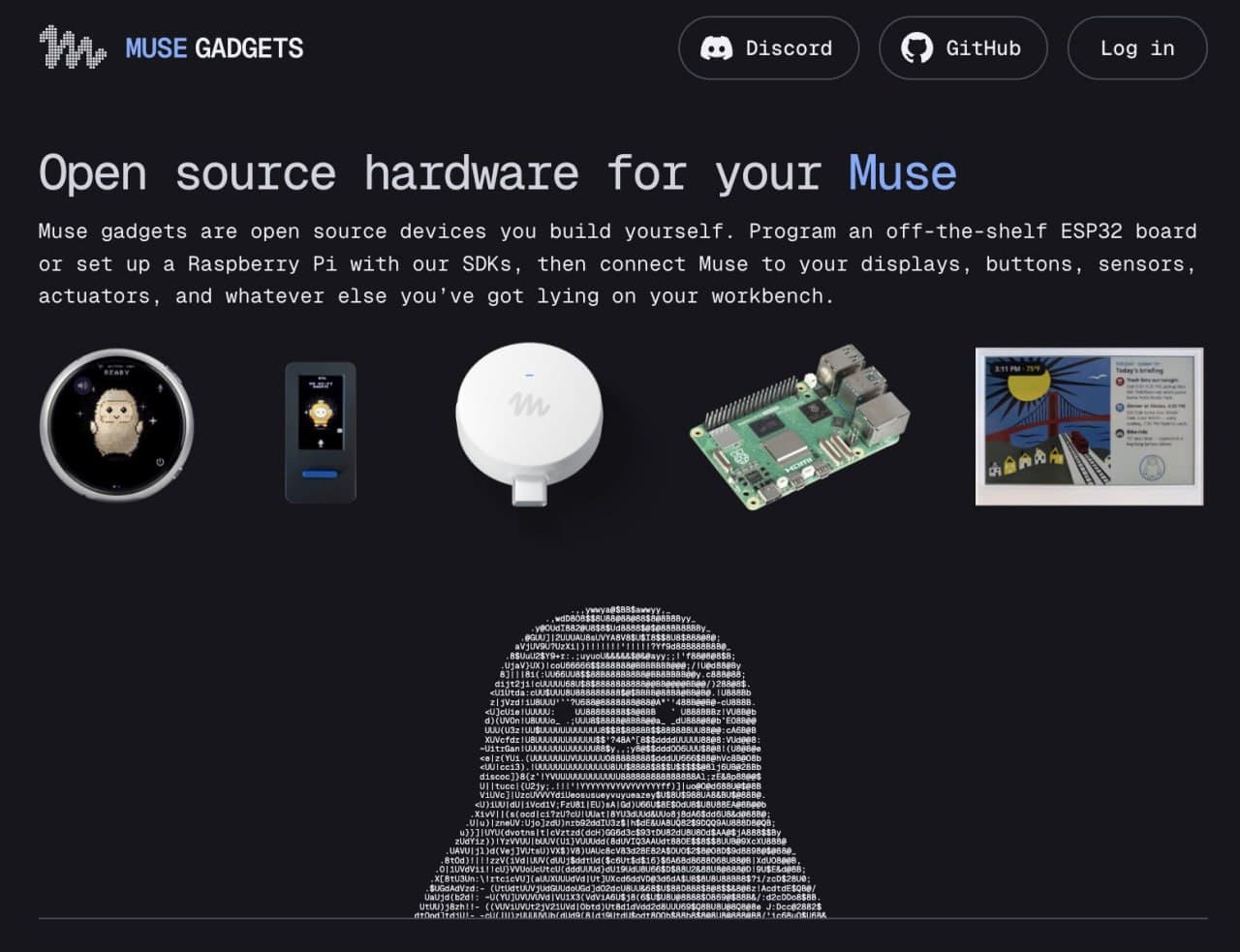 Screenshot of the Muse Gadgets website introducing its open-source device SDKs and example hardware.