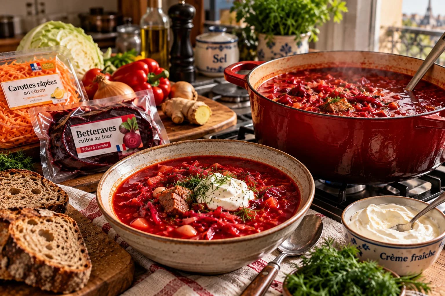 Homemade red borscht with beef, beans, sour cream and dill in a bowl and a red pot, beside French prepared grated carrots, cooked beetroot and crème fraîche.