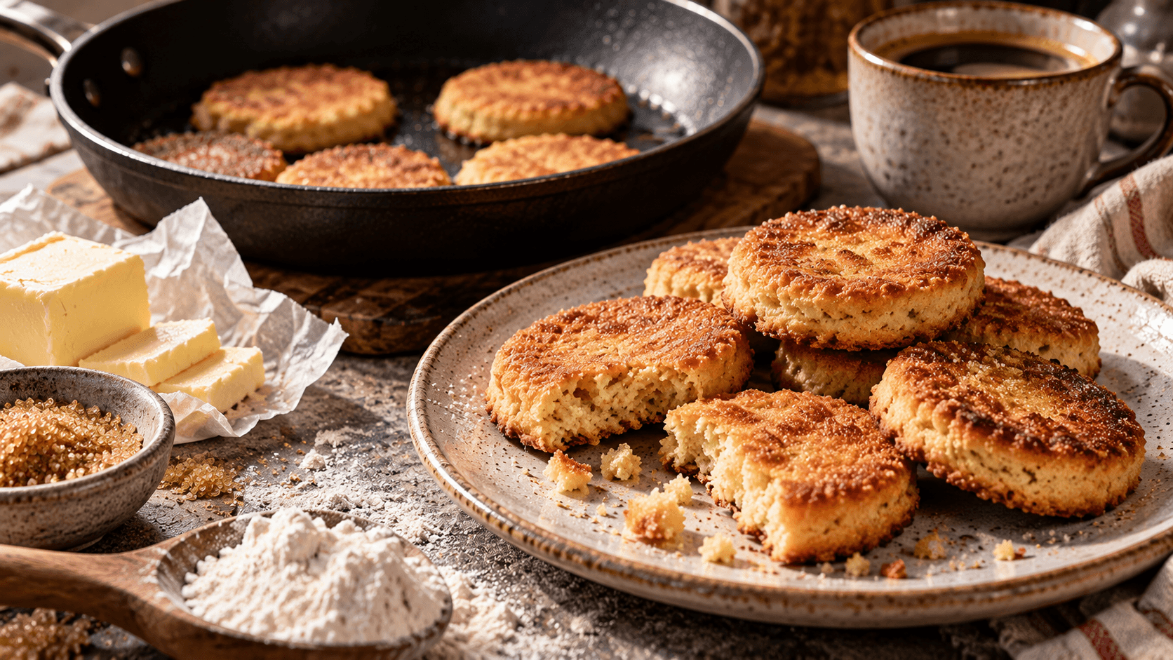 Golden homemade shortbread cookies beside a frying pan, coffee, butter and flour on a rustic kitchen table.